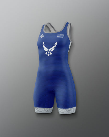 Blue wrestling singlet with Air Force logo on a gray background