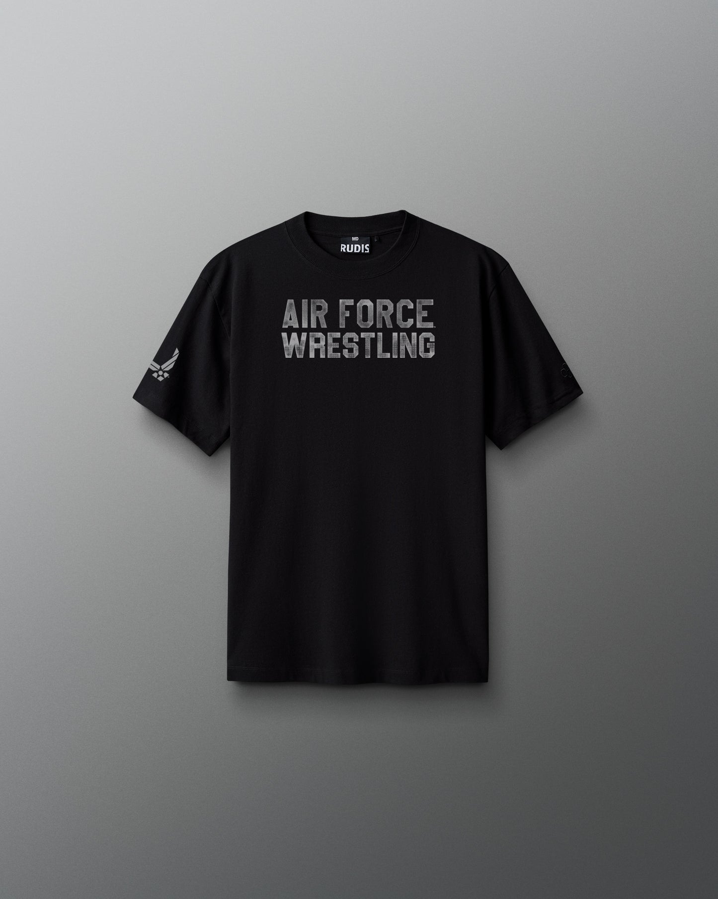 Black t-shirt with 'Air Force Wrestling' text on a gray background