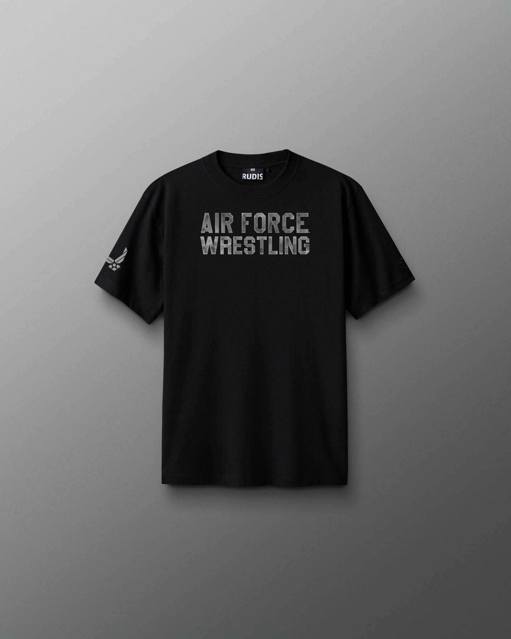 Black t-shirt with 'Air Force Wrestling' text on a gray background