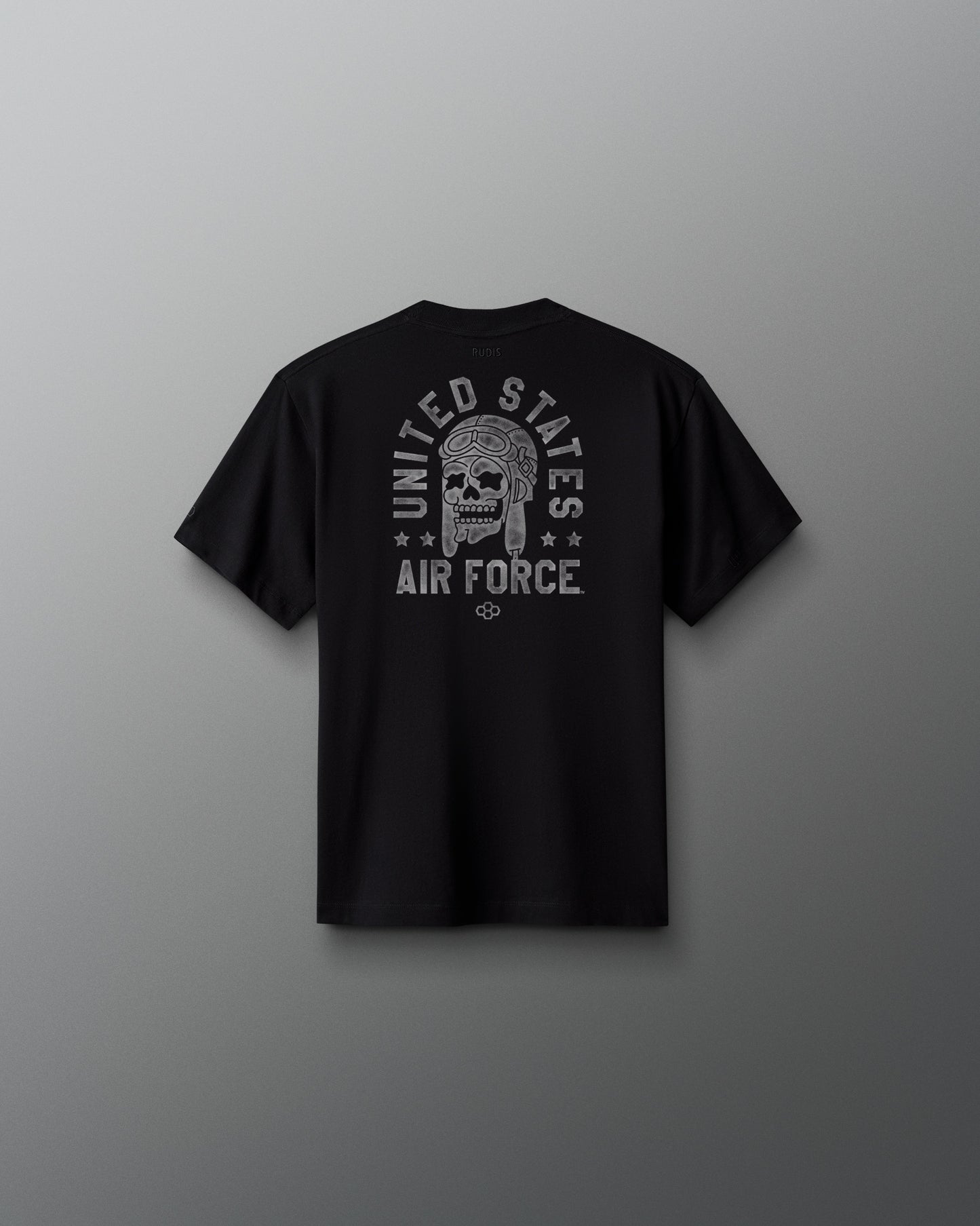 Black t-shirt with 'United States Air Force' design on a gray background