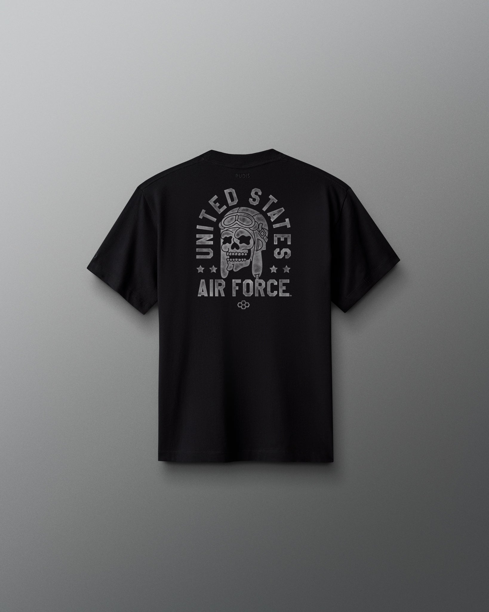 Black t-shirt with 'United States Air Force' design on a gray background