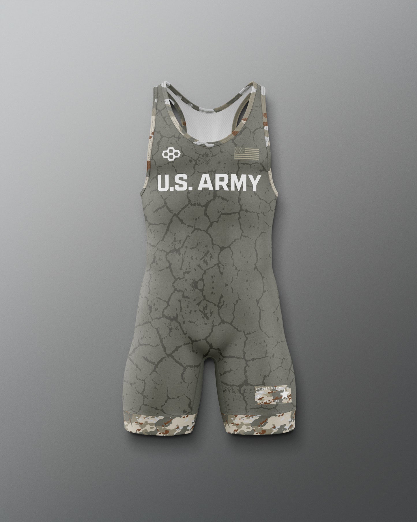 Gray wrestling singlet with U.S. Army logo on a gray background