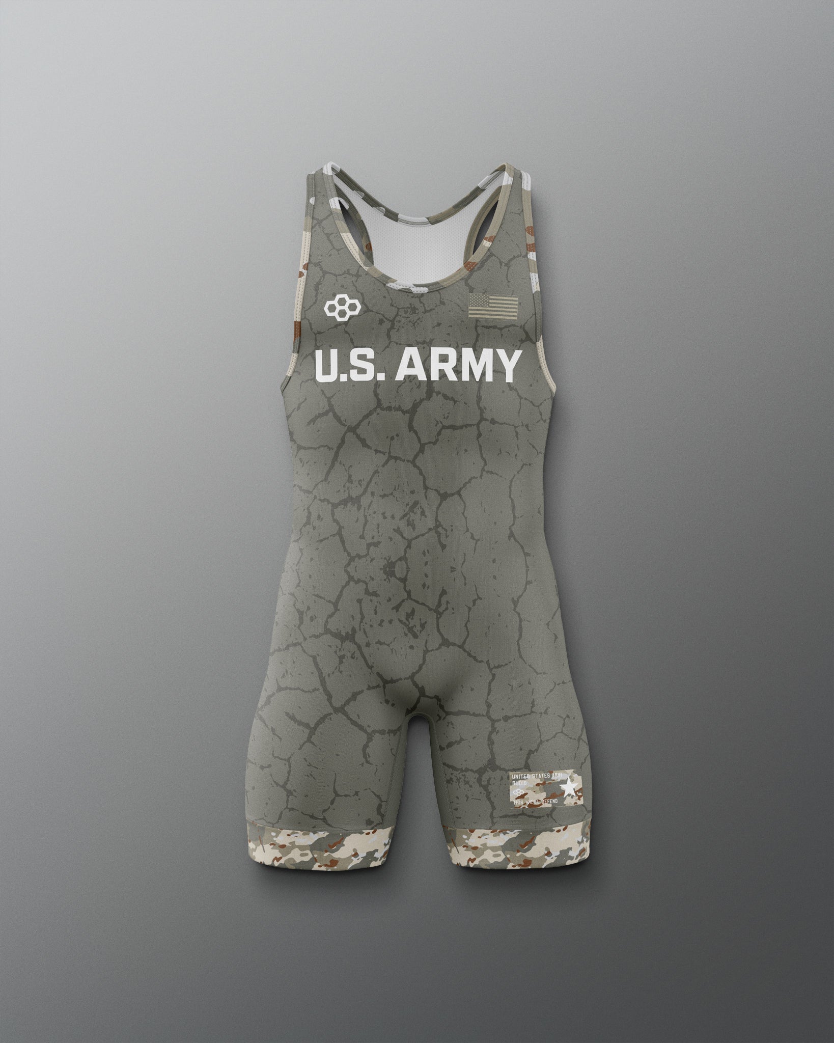 Gray wrestling singlet with U.S. Army logo on a gray background