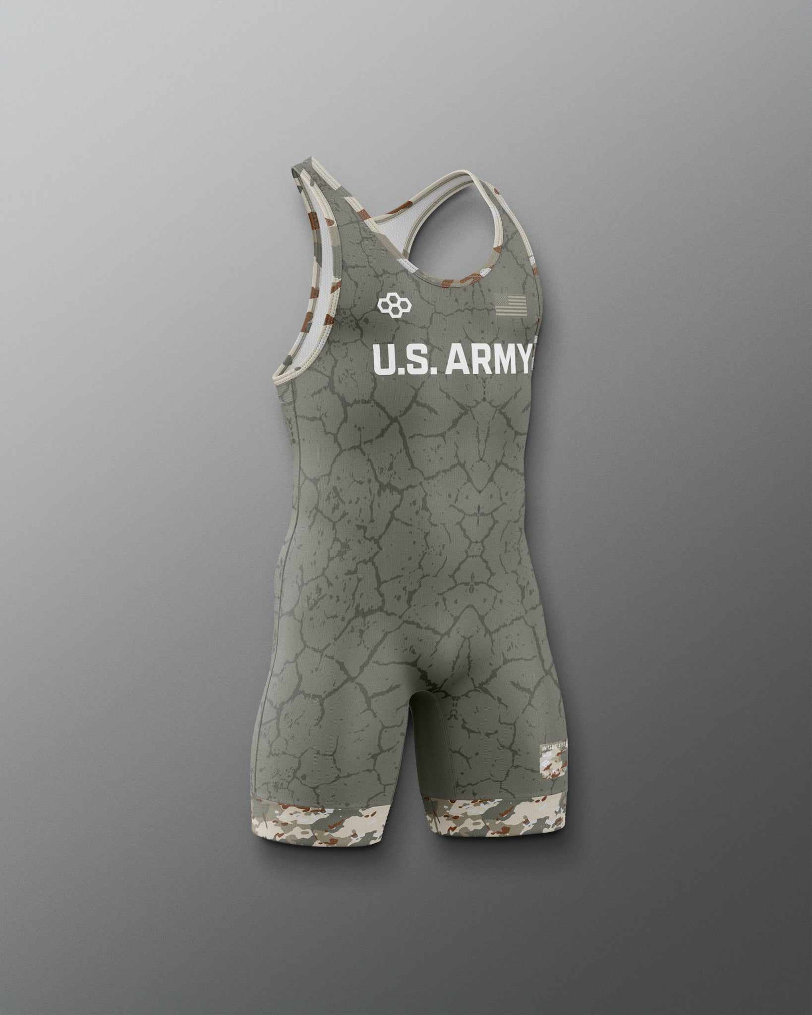 Gray wrestling singlet with U.S. Army logo on a gray background