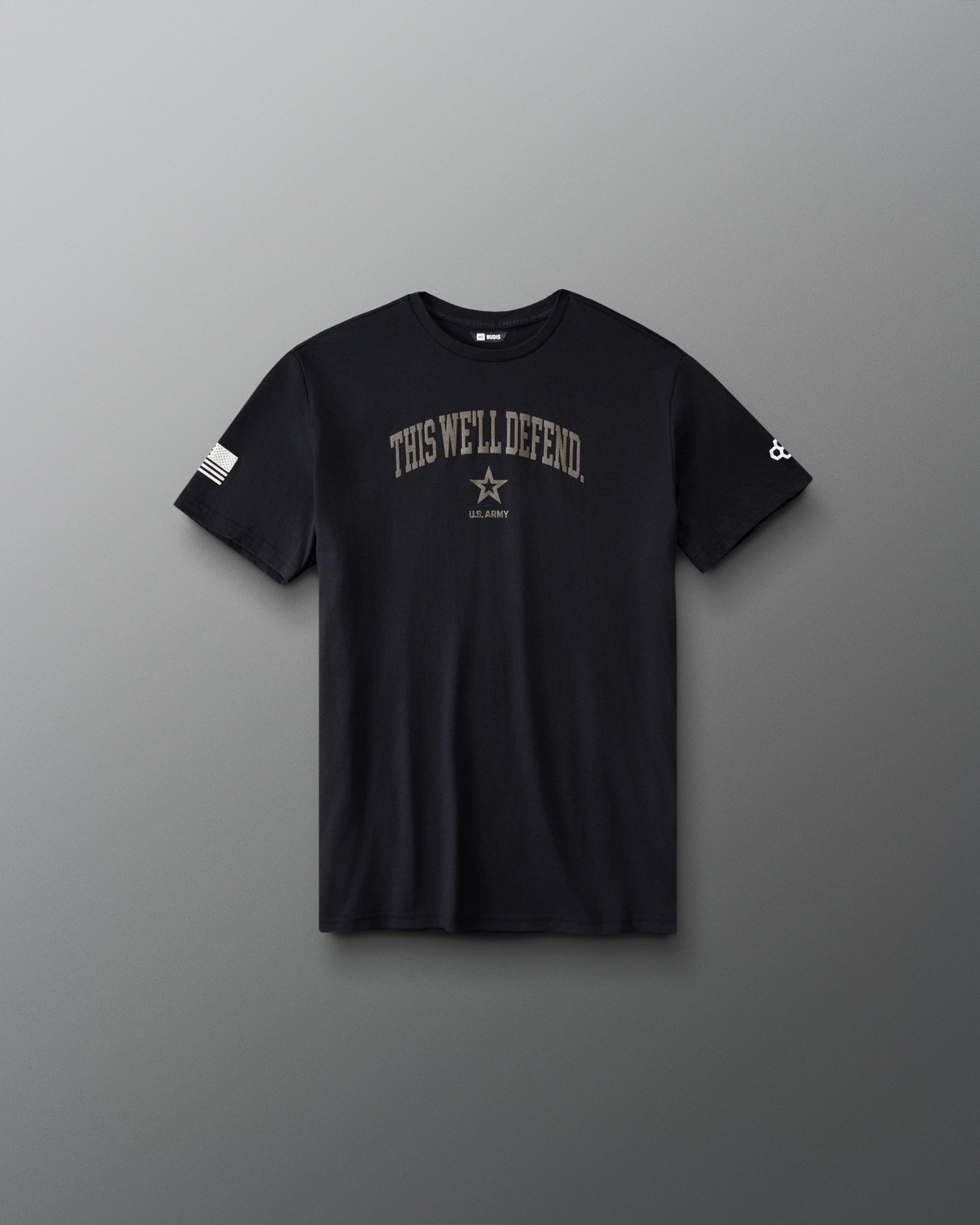RUDIS U.S. Army Defend Youth Elite Super Soft T-Shirt in Black, front view with THIS WE'LL DEFEND chest graphic, U.S. Army star emblem, and American flag sleeve detail.