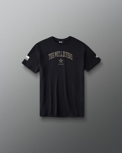 RUDIS U.S. Army Defend Youth Elite Super Soft T-Shirt in Black, front view with THIS WE'LL DEFEND chest graphic, U.S. Army star emblem, and American flag sleeve detail.