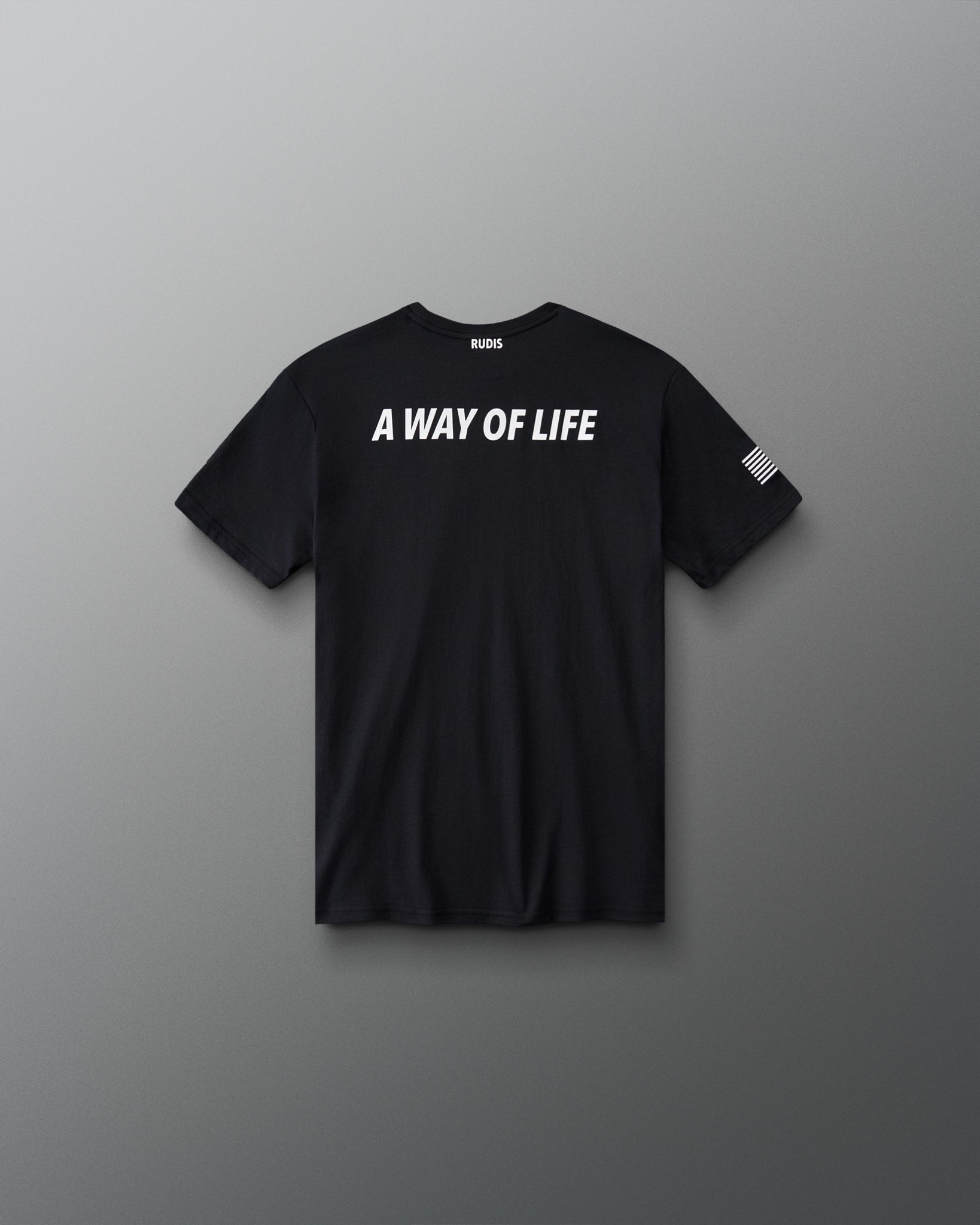 RUDIS U.S. Army Defend Youth Elite Super Soft T-Shirt in Black, back view featuring bold white A WAY OF LIFE lettering, RUDIS neck branding, and American flag sleeve graphic.