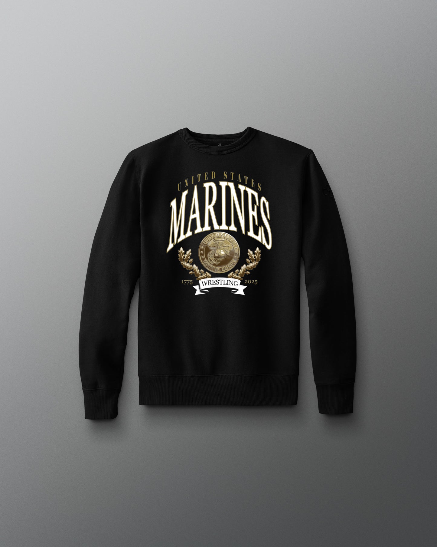 Black sweatshirt with 'United States Marines' logo on a gray background