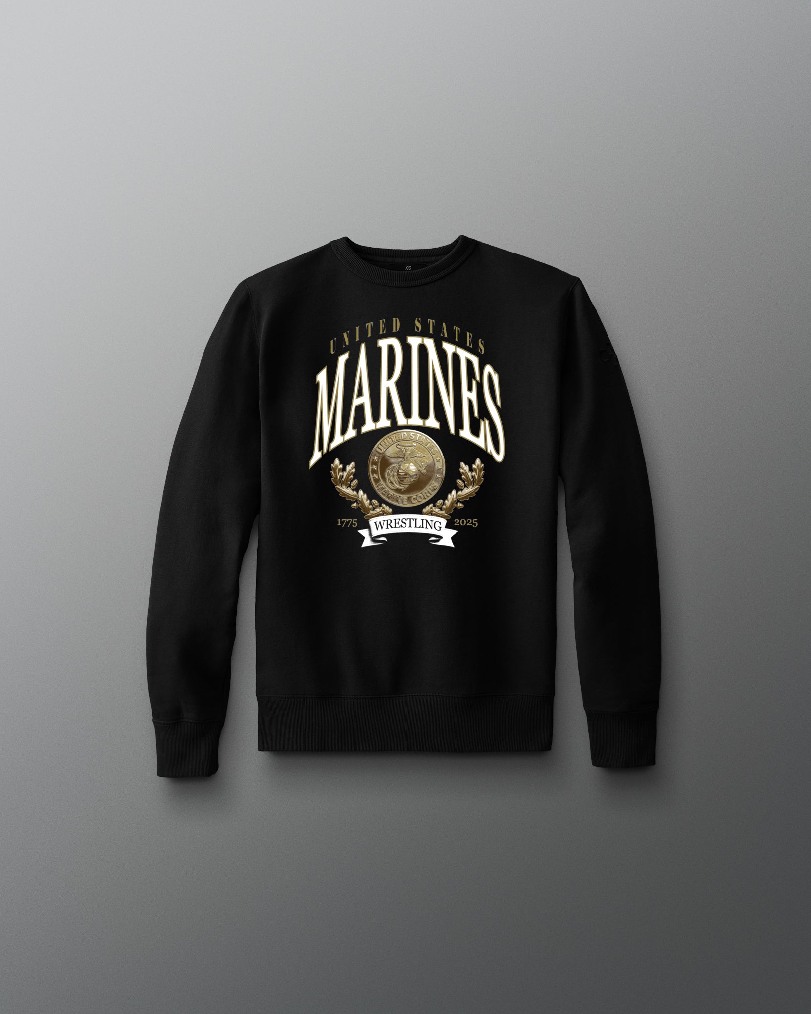 Black sweatshirt with 'United States Marines' logo on a gray background