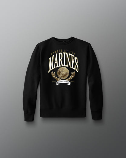 Black sweatshirt with 'United States Marines' logo on a gray background