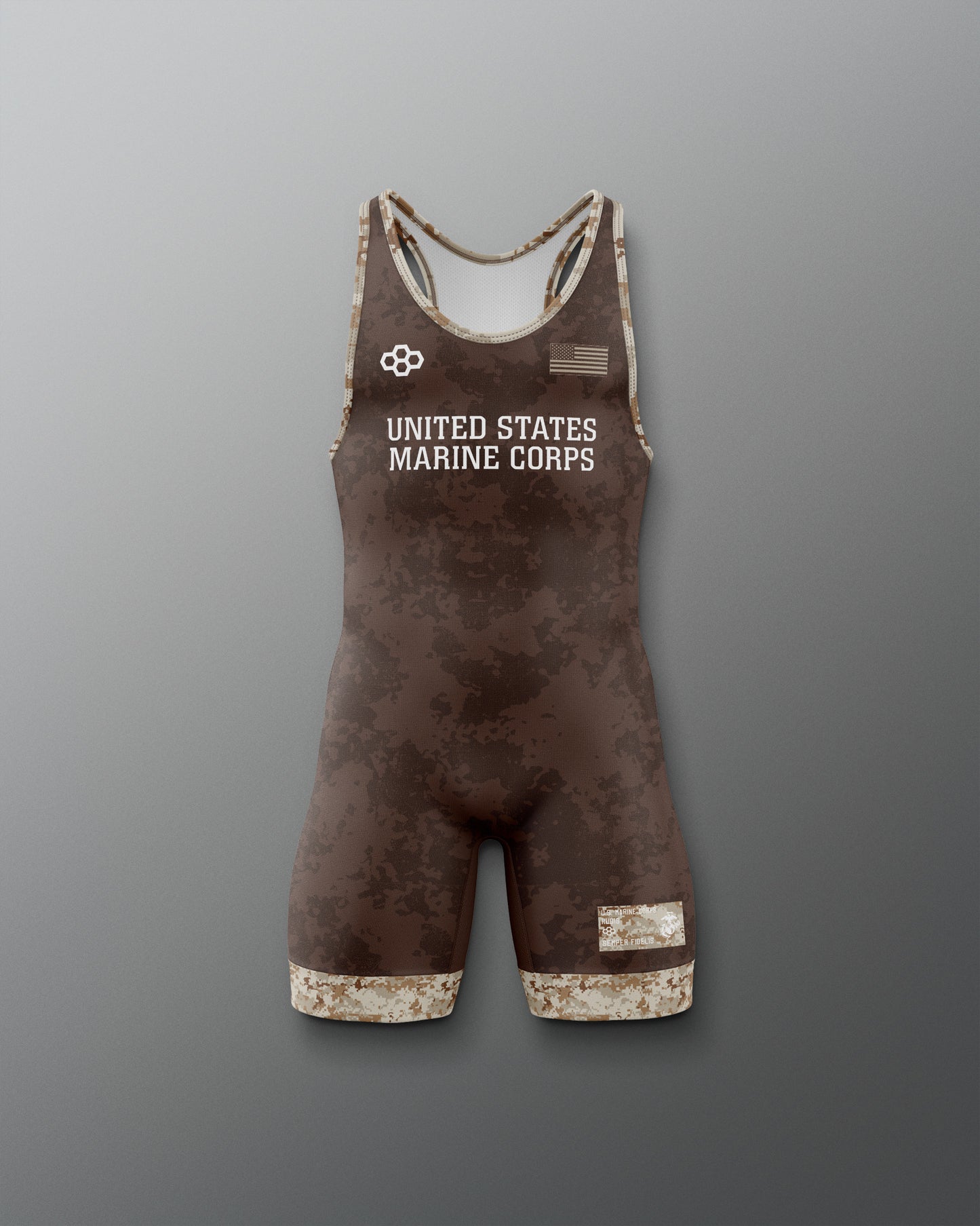 Brown wrestling singlet with 'United States Marine Corps' text on a gray background