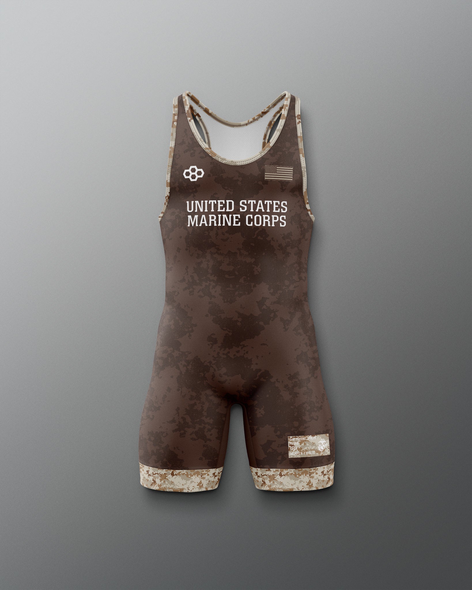 Brown wrestling singlet with 'United States Marine Corps' text on a gray background