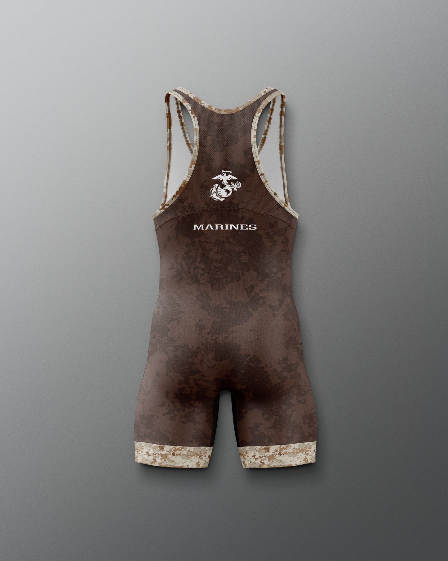 Brown wrestling singlet with 'Marines' logo on a gray background