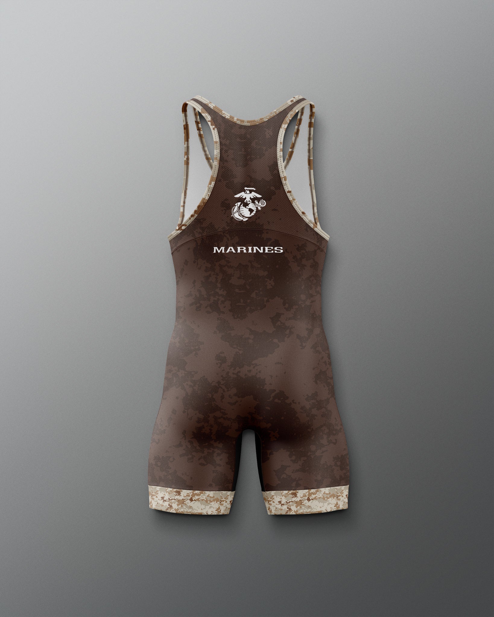 Brown wrestling singlet with 'Marines' logo on a gray background