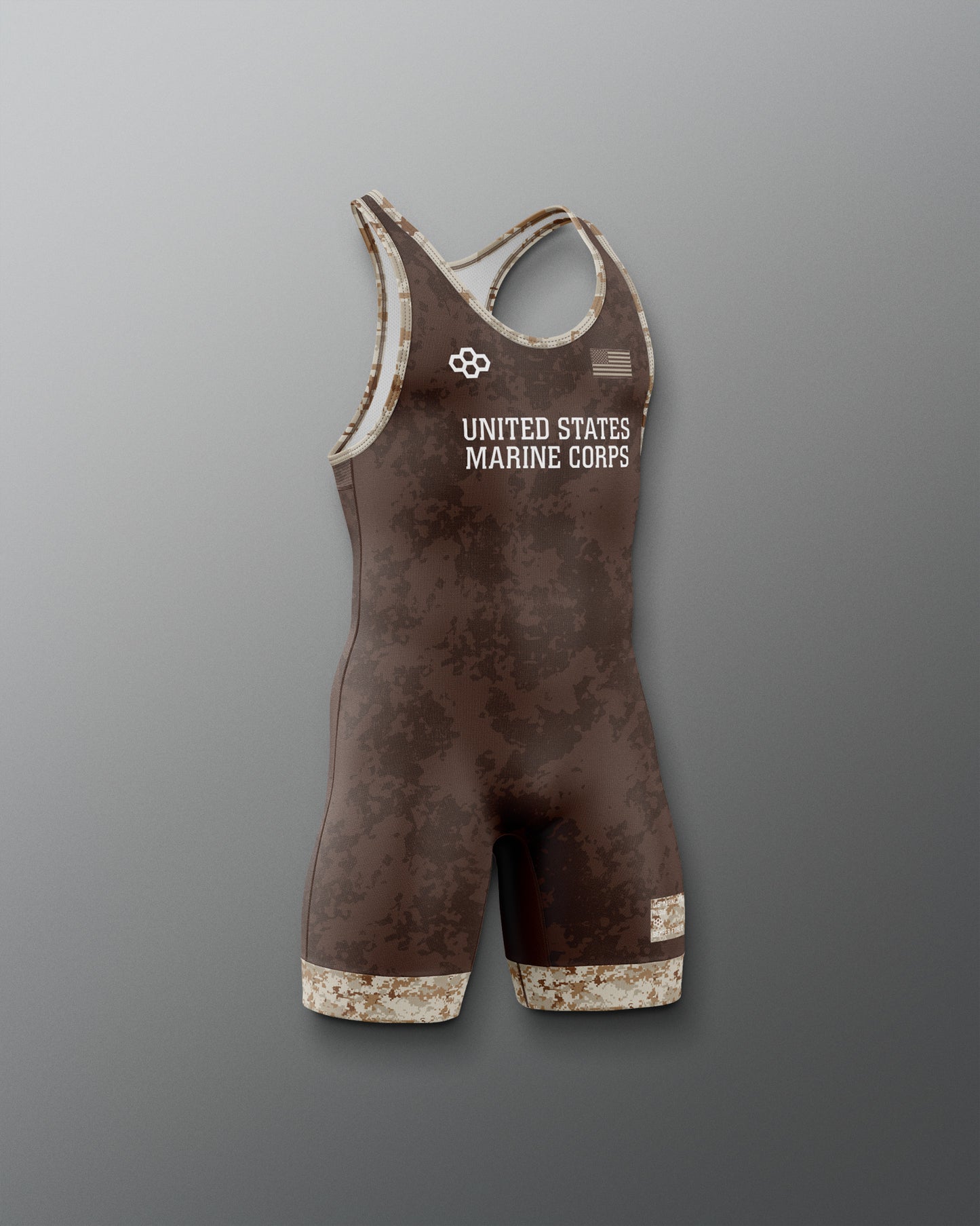 Brown wrestling singlet with 'United States Marine Corps' text on a gray background