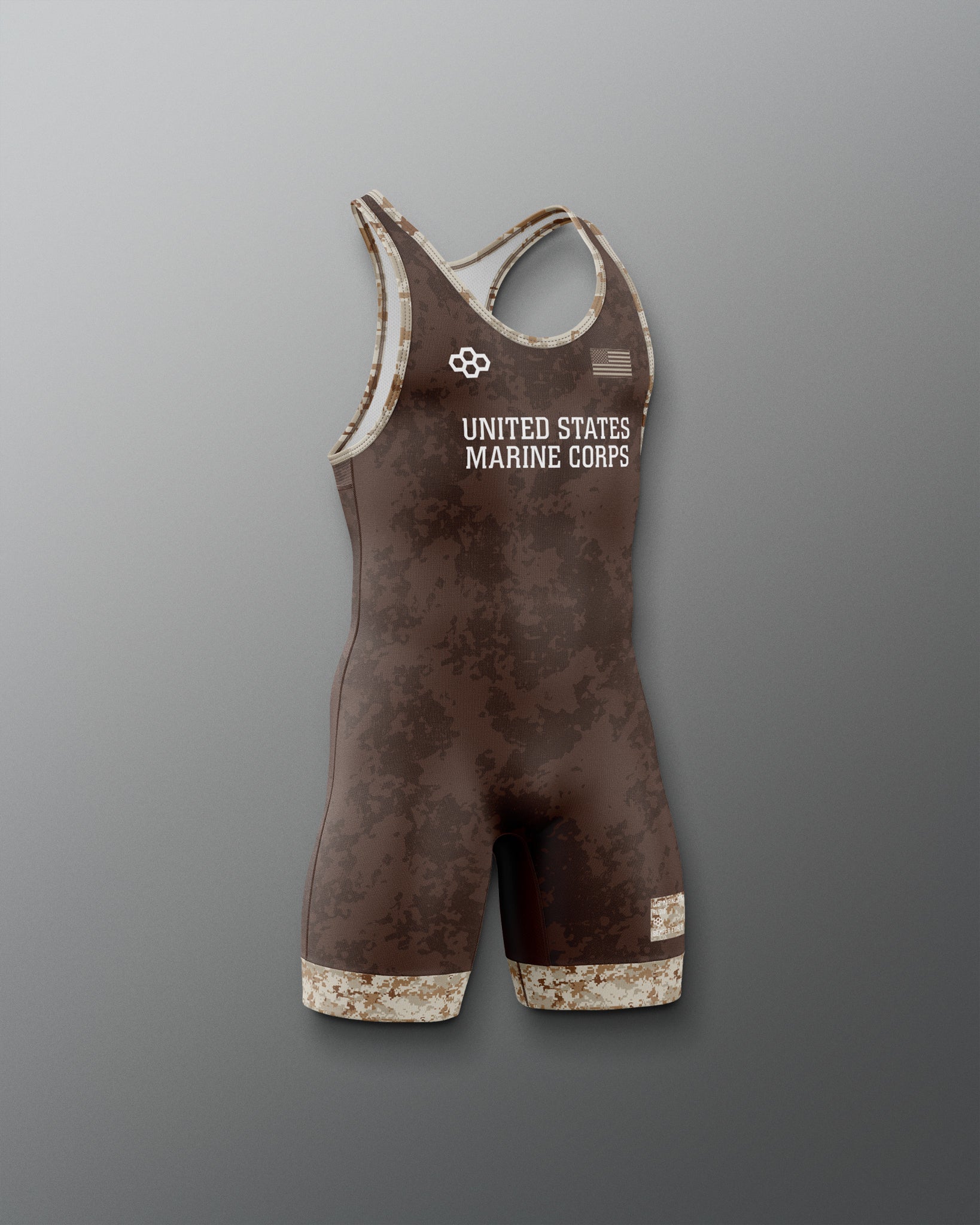 Brown wrestling singlet with 'United States Marine Corps' text on a gray background