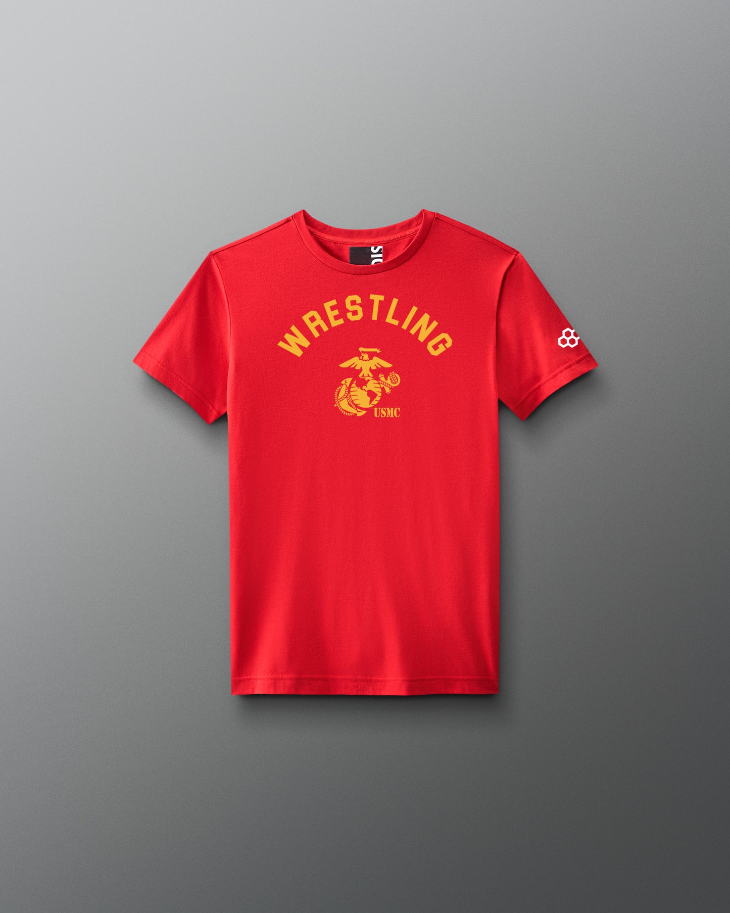 Red t-shirt with 'Wrestling' and logo on a gray background