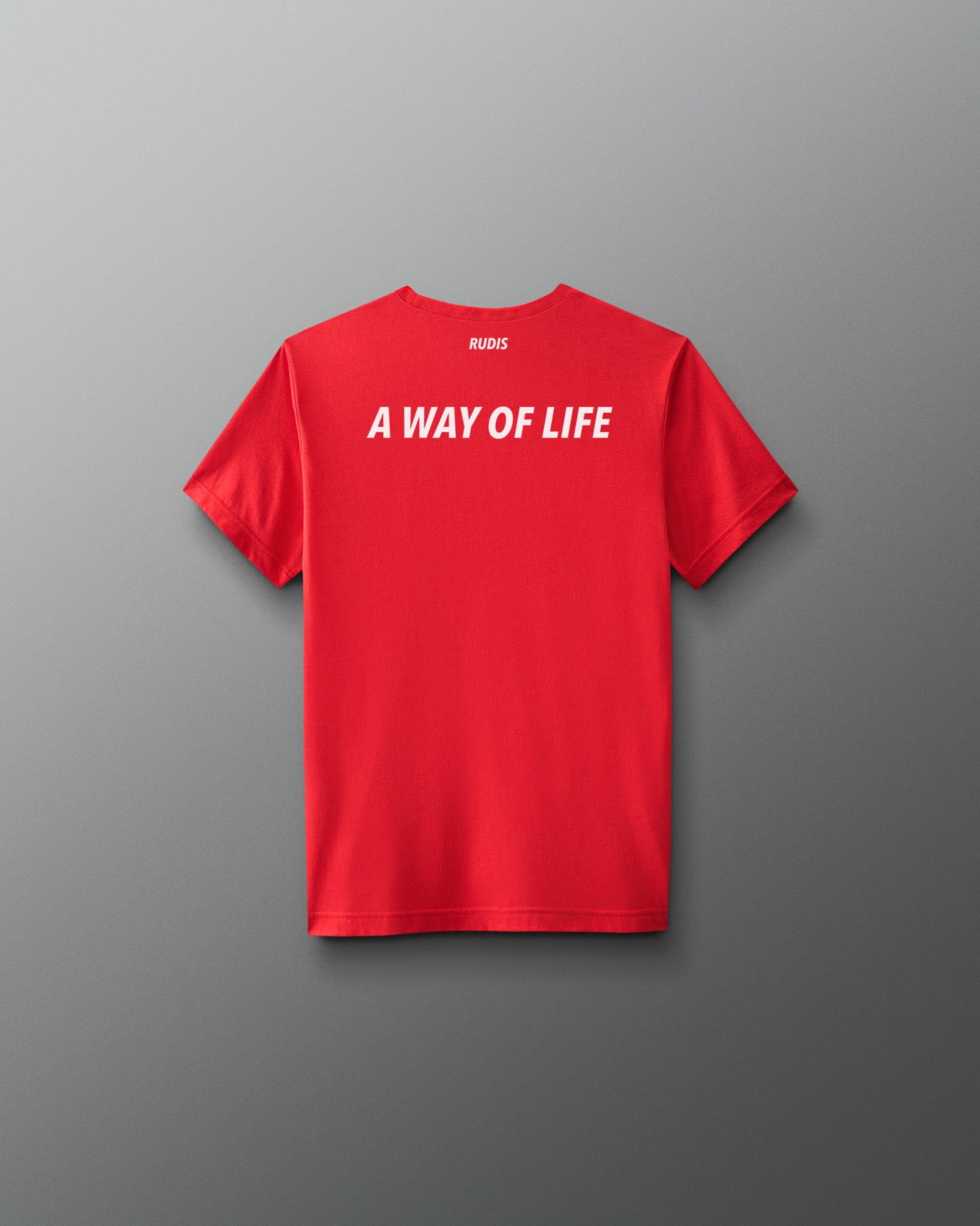 Red t-shirt with 'A Way of Life' text on the back against a gray background