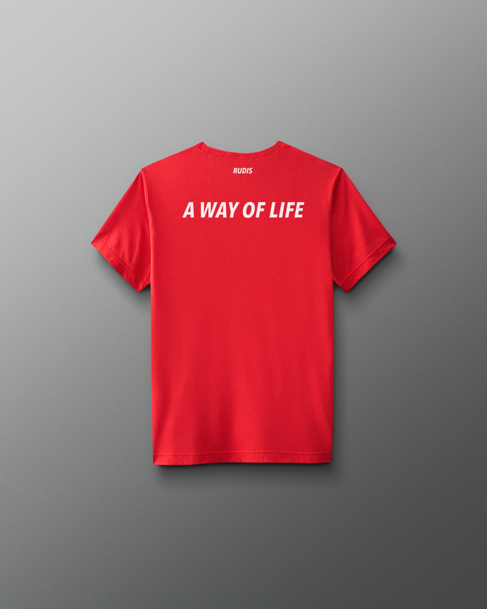 Red t-shirt with 'A Way of Life' text on the back against a gray background
