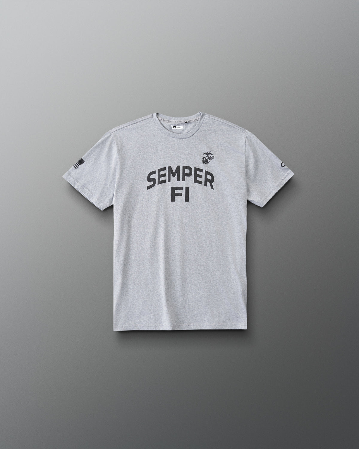 RUDIS USMC Semper Fi Youth Elite Super Soft T-Shirt in Athletic Gray, front view with bold SEMPER FI lettering, Marine Corps emblem, and American flag sleeve detail.