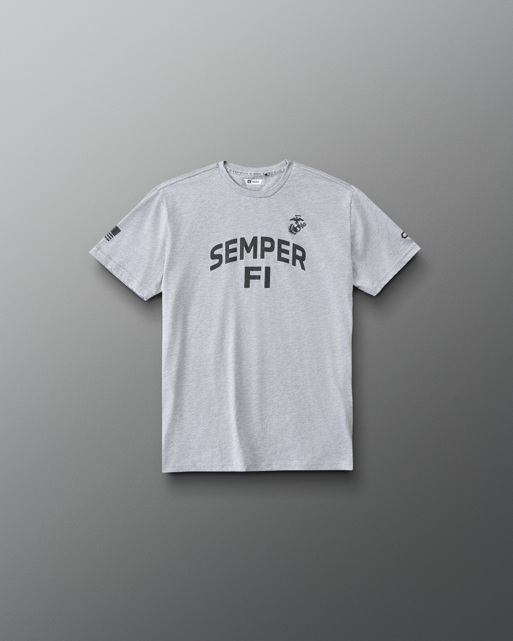 RUDIS USMC Semper Fi Youth Elite Super Soft T-Shirt in Athletic Gray, front view with bold SEMPER FI lettering, Marine Corps emblem, and American flag sleeve detail.