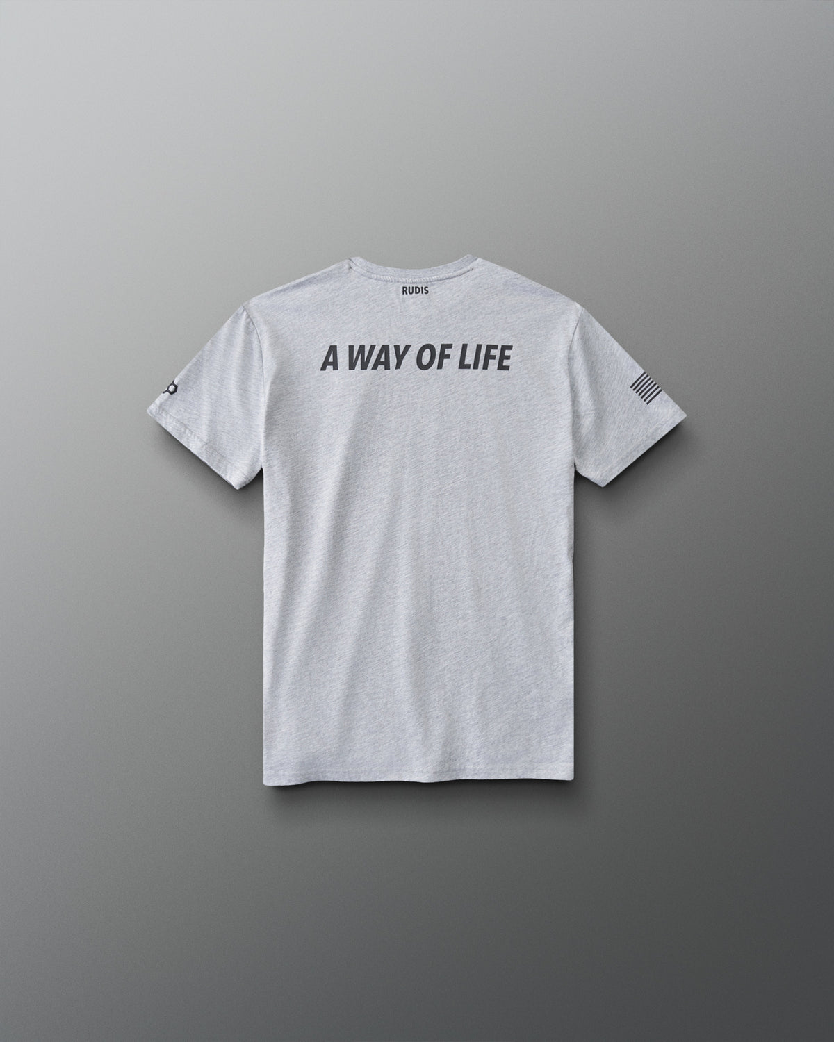 RUDIS USMC Semper Fi Youth Elite Super Soft T-Shirt in Athletic Gray, back view featuring A WAY OF LIFE lettering, RUDIS neck branding, and American flag sleeve graphic.