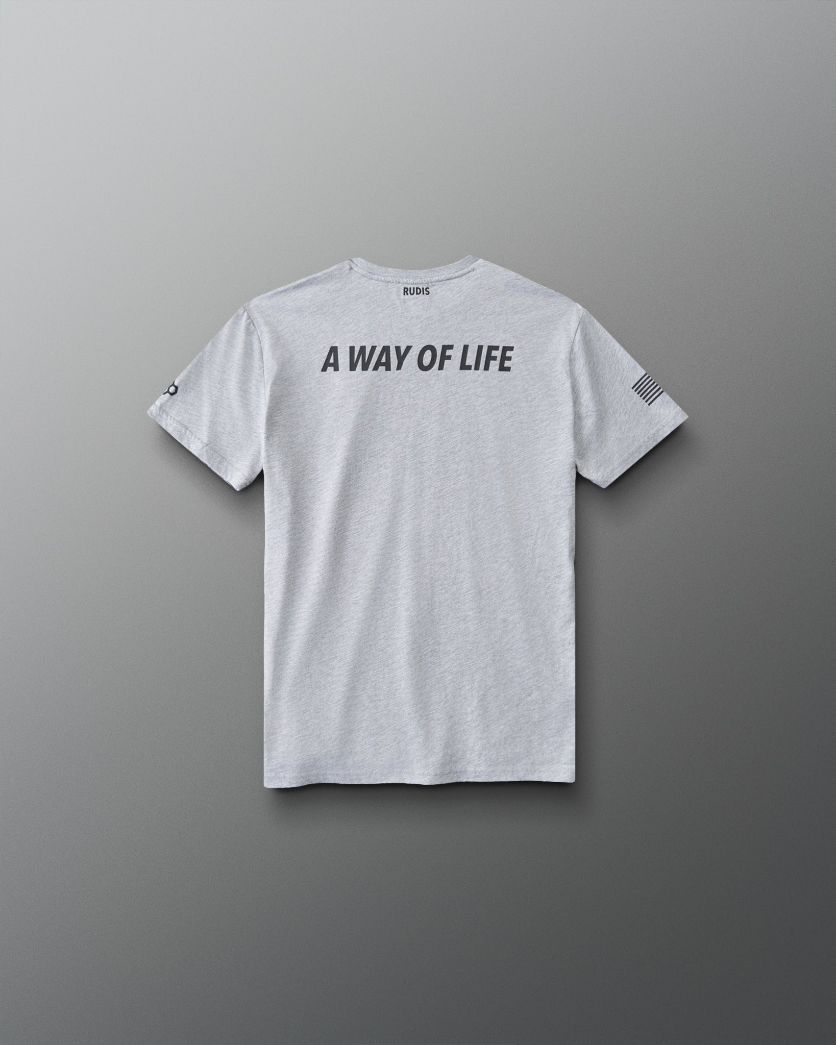 RUDIS USMC Semper Fi Youth Elite Super Soft T-Shirt in Athletic Gray, back view featuring A WAY OF LIFE lettering, RUDIS neck branding, and American flag sleeve graphic.