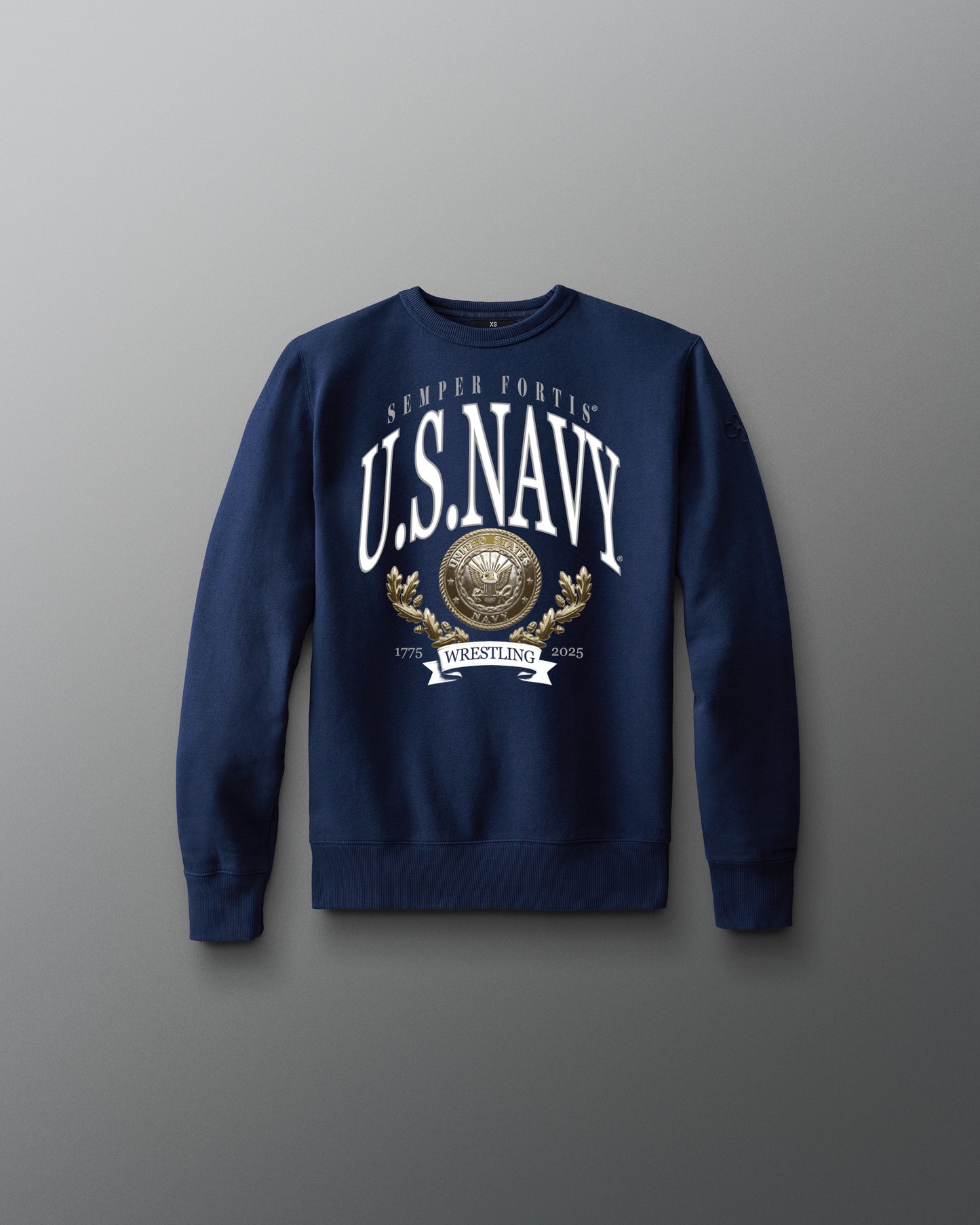 Navy blue sweatshirt with U.S. Navy logo on a gray background