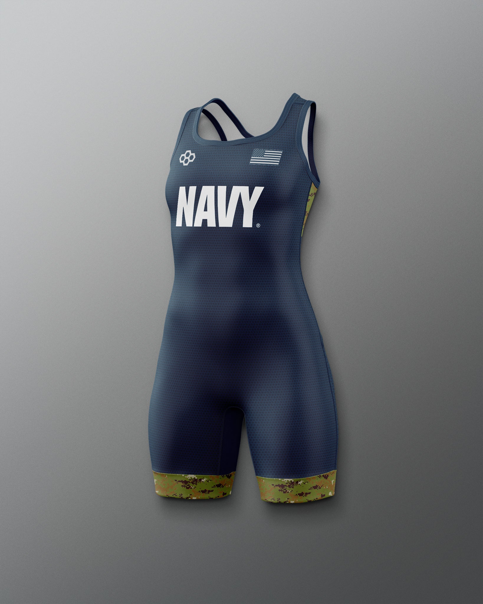 Navy blue swimsuit with 'NAVY' text on a gray background