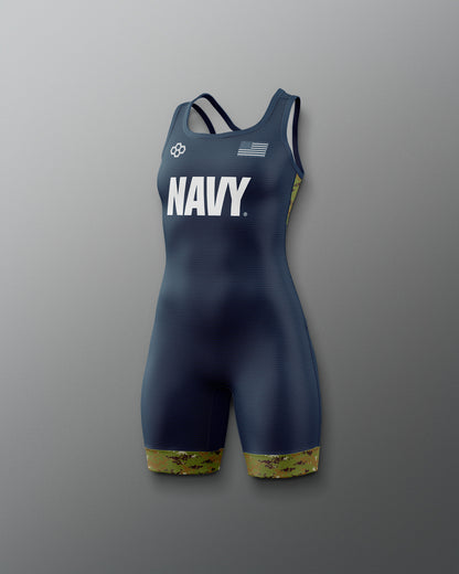 Navy blue swimsuit with 'NAVY' text on a gray background