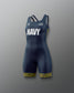 Navy blue swimsuit with 'NAVY' text on a gray background