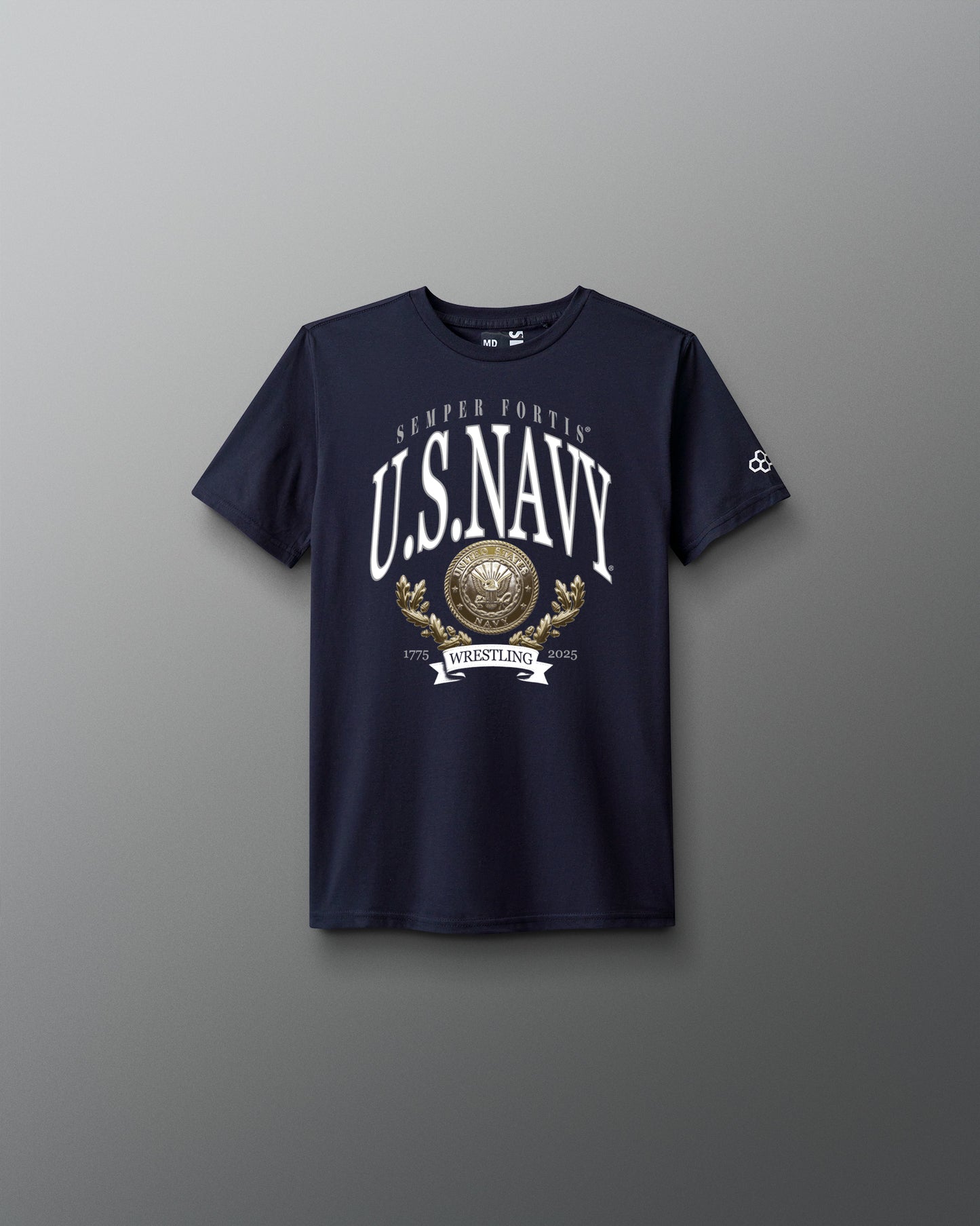 Navy blue t-shirt with U.S. Navy logo on a gray background