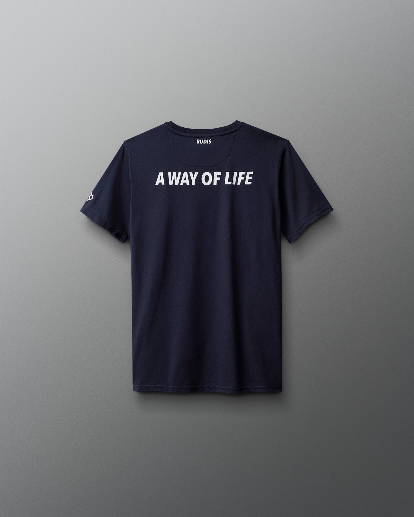 Navy blue t-shirt with 'A Way of Life' text on a gray background
