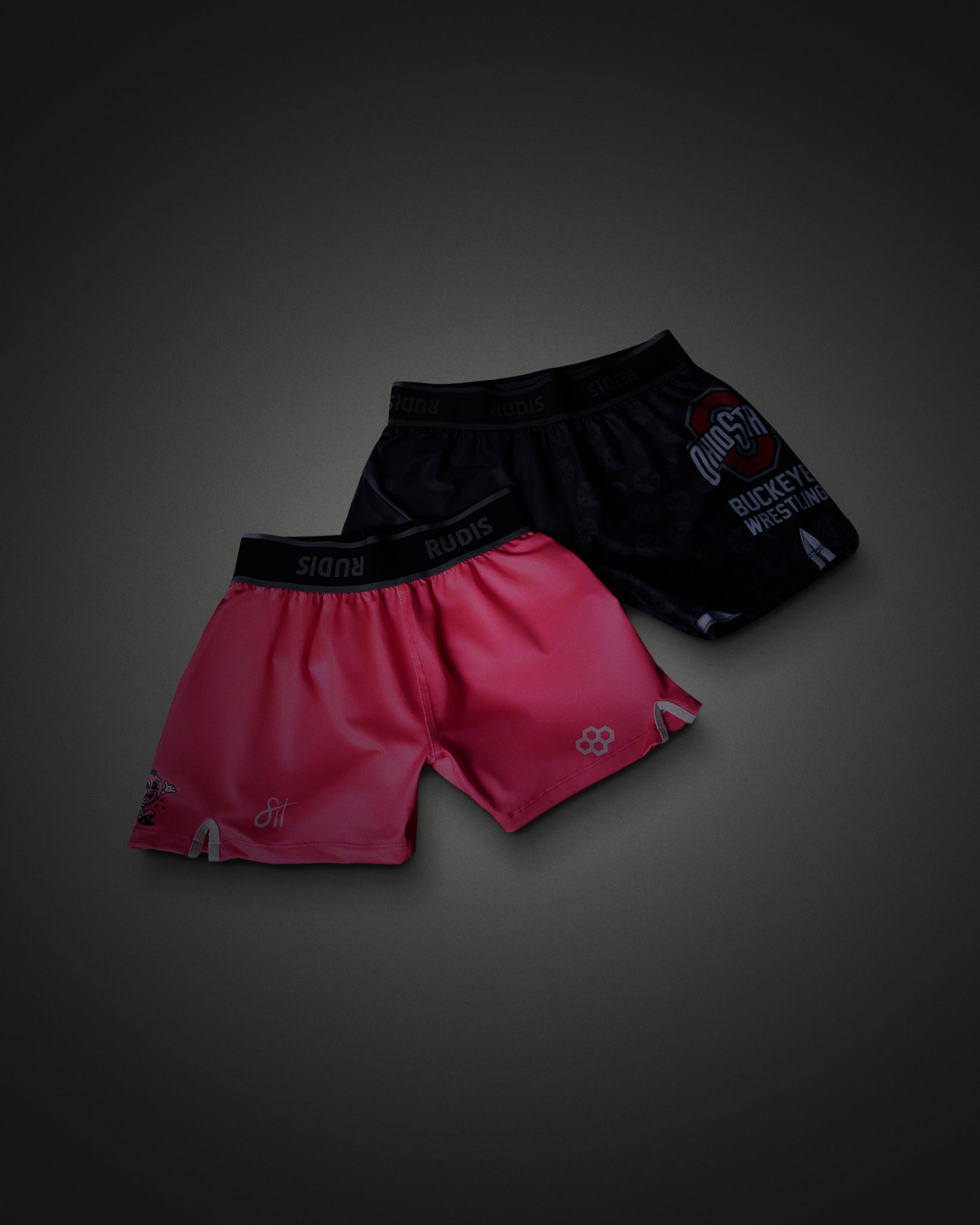 Two pairs of athletic fight shorts displayed against a dark gray gradient background. The pair in the foreground is bright pink with a black waistband featuring the brand name 'RUDIS' in white.