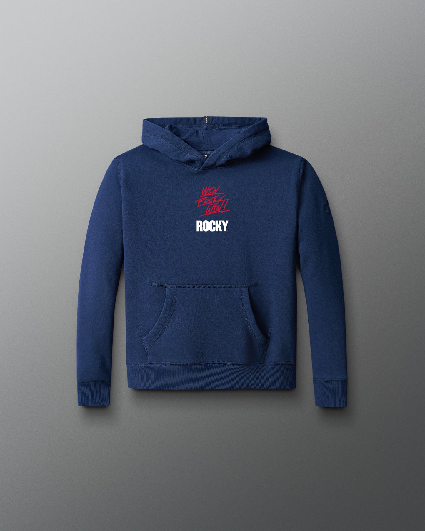 Blue hoodie with 'Rocky' logo on a gray background