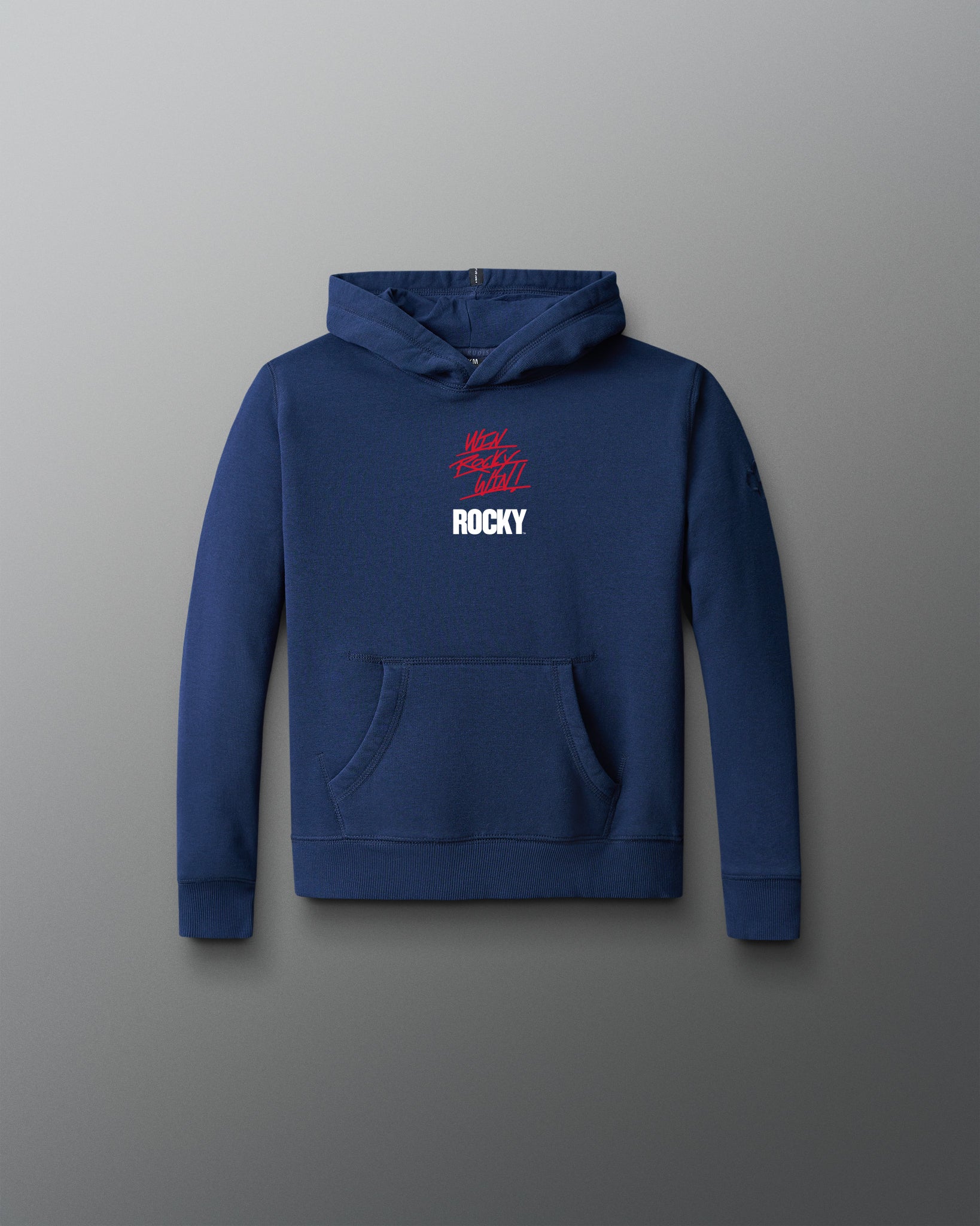 Blue hoodie with 'Rocky' logo on a gray background
