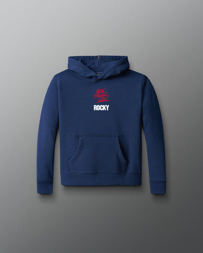 Blue hoodie with 'Rocky' logo on a gray background