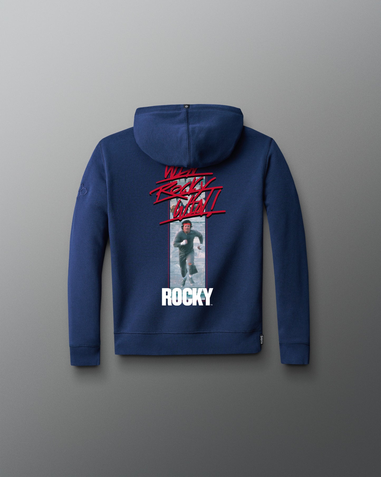 Blue hoodie with 'Rocky' graphic on a gray background