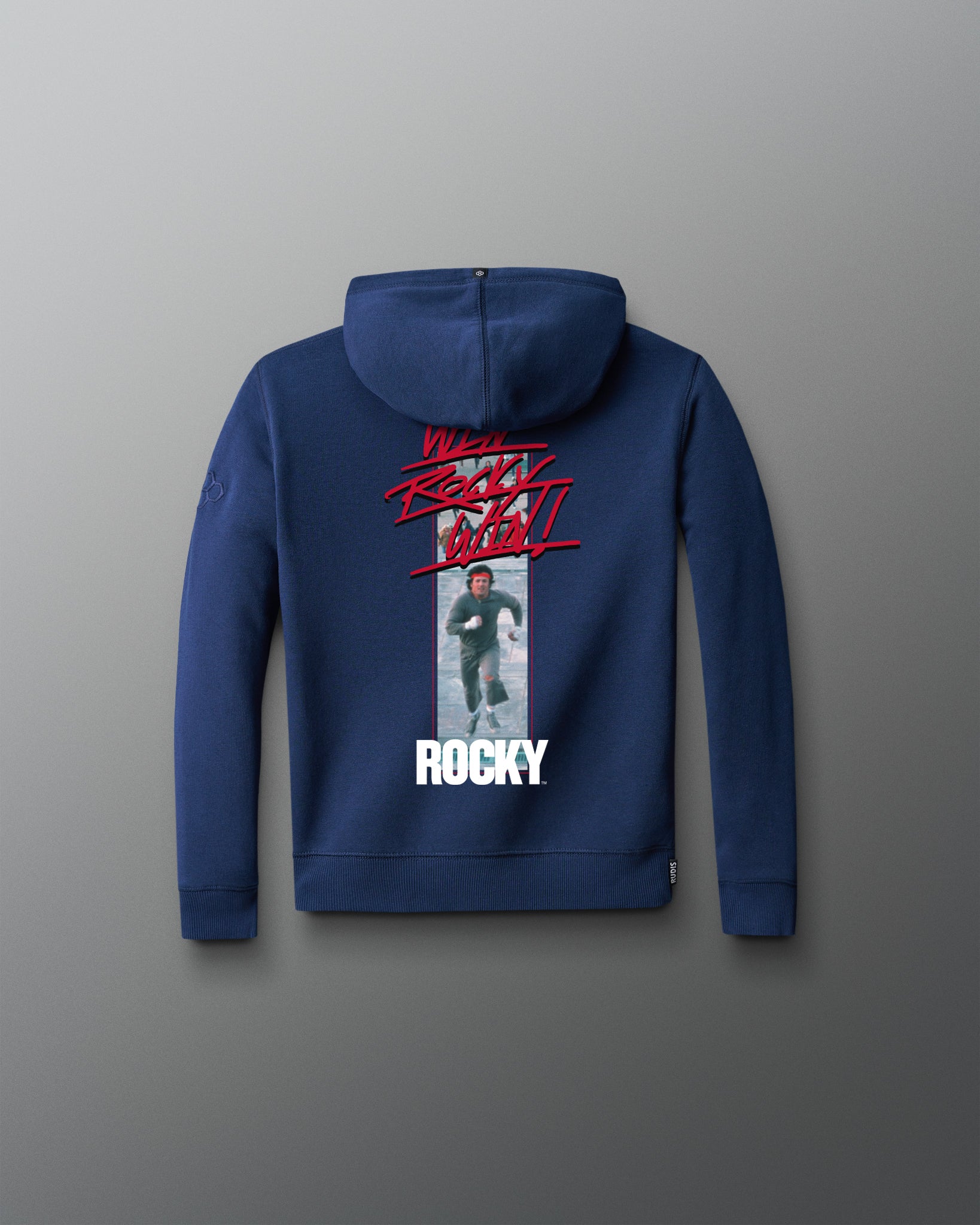 Blue hoodie with 'Rocky' graphic on a gray background