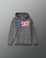 A gray pullover hoodie with a front kangaroo pocket and a large 'ROCKY' graphic across the chest in an American flag pattern. The word 'ROCKY' is filled with blue and white stars on the left side and red and white stripes on the right side.