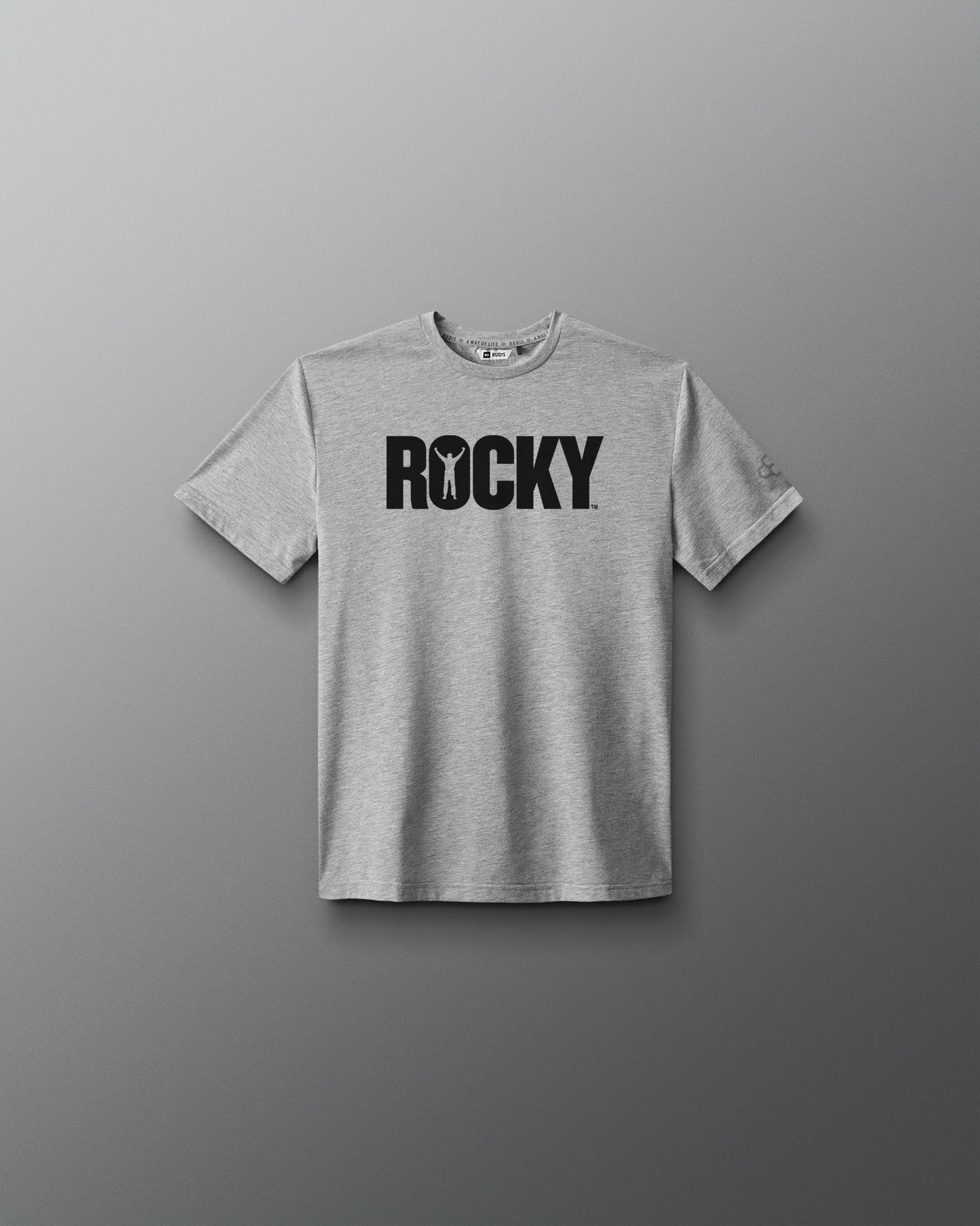 Gray t-shirt with 'ROCKY' text on a gray background