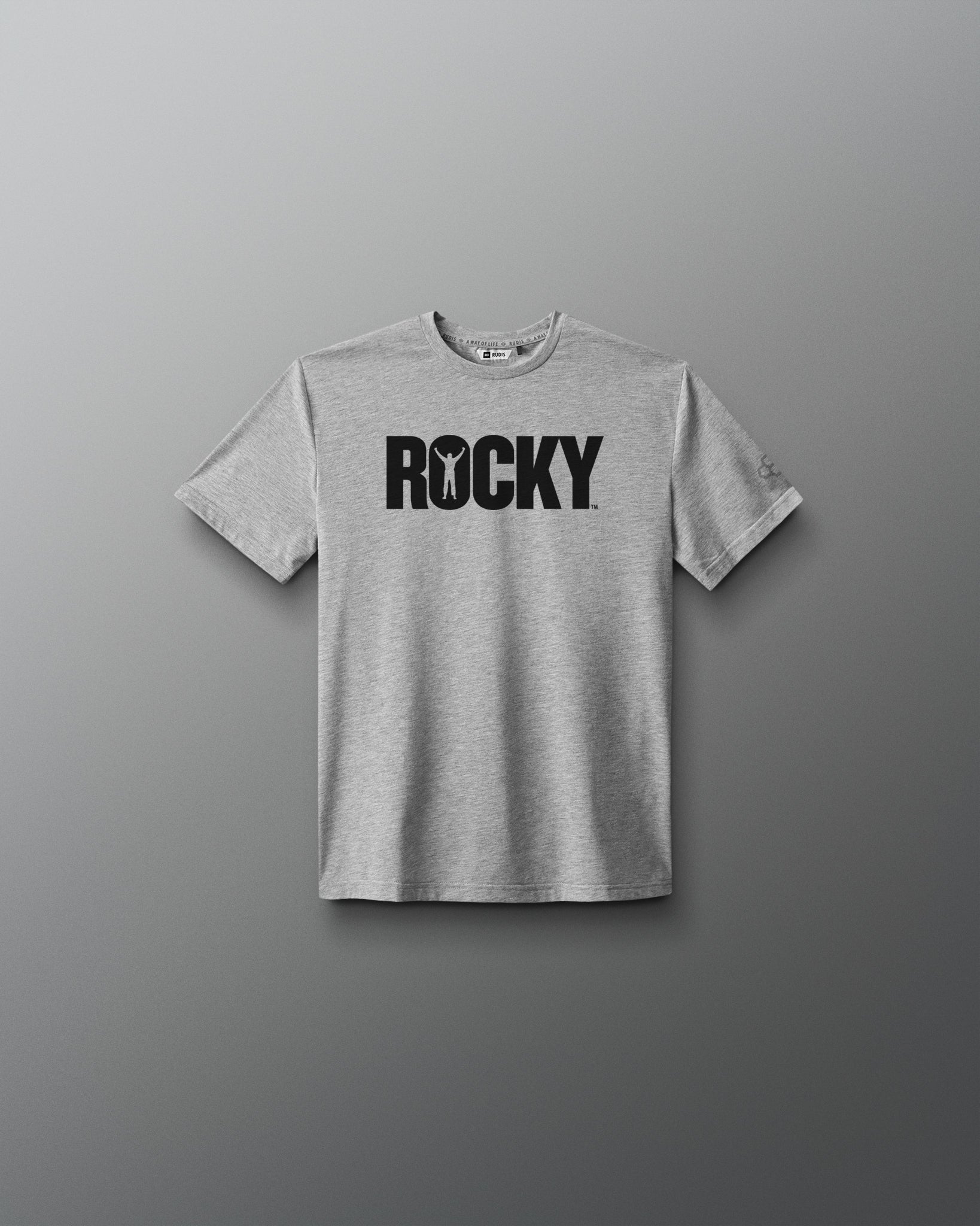 Gray t-shirt with 'ROCKY' text on a gray background