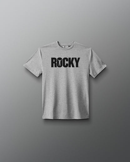 Gray t-shirt with 'ROCKY' text on a gray background