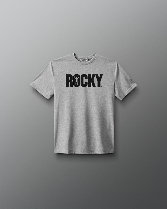 Gray t-shirt with 'ROCKY' text on a gray background