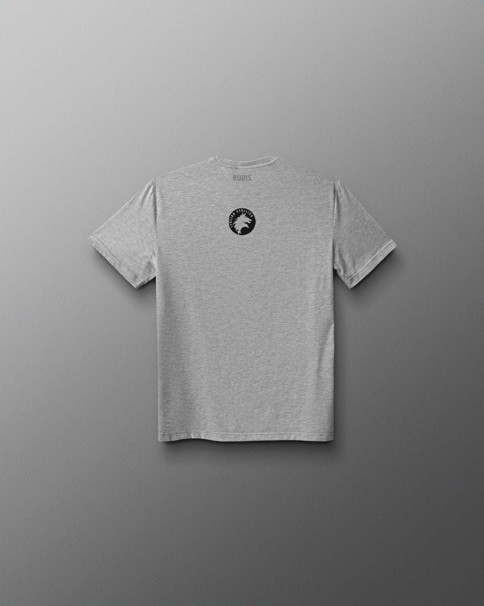 Gray t-shirt with a logo on the chest against a gray background