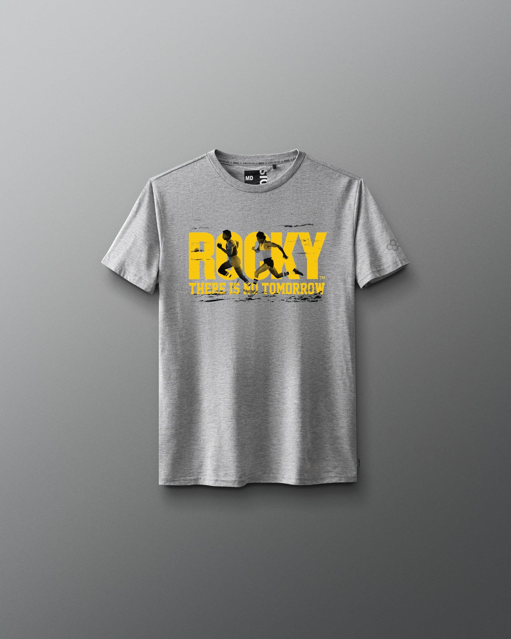 Gray t-shirt with 'Rocky' graphic design on a gray background