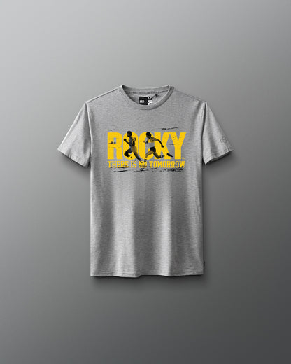 Gray t-shirt with 'Rocky' graphic design on a gray background