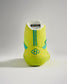 A vibrant yellow athletic shoe featuring a unique textured sole and blue accents designed for optimal performance in sports
