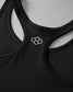 Black sports bra with a geometric logo on a white background