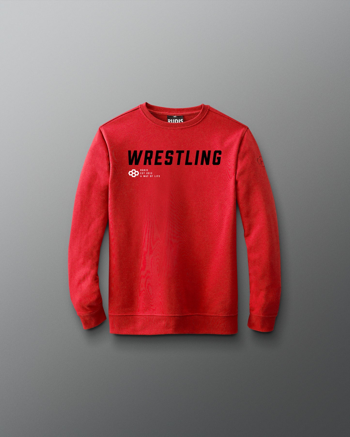 Red sweatshirt with 'WRESTLING' printed on it against a gray background